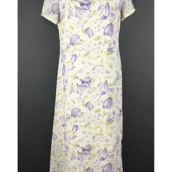 Jennifer Moore Dress Womens 10 Purple Floral Short Sleeve Shift Maxi Lined - Picture 4 of 10